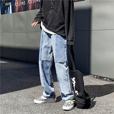 欧美高街嘻哈水洗做旧宽松直筒老爹裤撞色牛仔长裤男NK290-p40，男装牛仔裤，星座1008-1