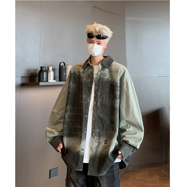 wassuphappy长袖衬衫男春秋季潮牌街头脏脏宽松上衣休闲衬衣外套,男装衬衫,星座506