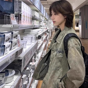 满印印花水洗牛仔外套春秋款男美式复古hiphop工装夹克高级感上衣图片