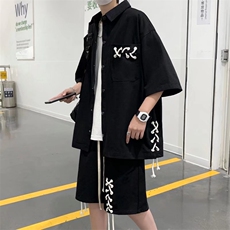 网红炸街套装发型师潮牌男装高级感衬衫短裤两件套TA06P50，男装休闲套装，星座1116-2