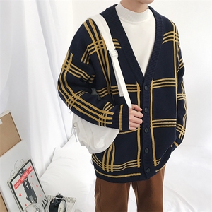 春季oversize格子毛衣男韩版学生开衫针织衫潮外套~*MK05-P95图片