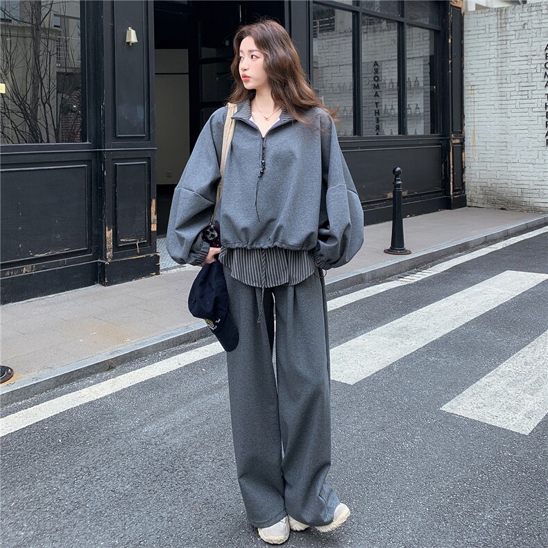 大货已出韩系休闲条纹拼接卫衣阔腿裤套装F716-P165-K268,女装套装/套裙,2C255