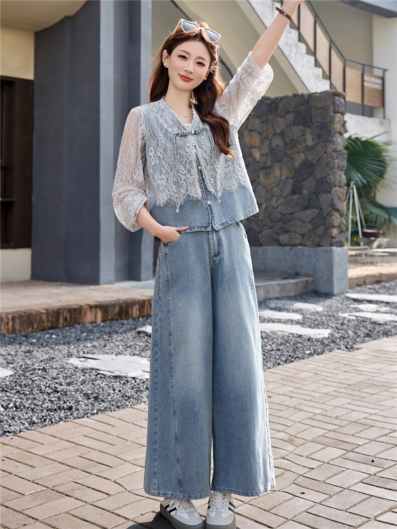 蕾丝拼接牛仔套装女春秋季新款洋气减龄阔腿裤两件套气质,女装套装/套裙,欣品汇