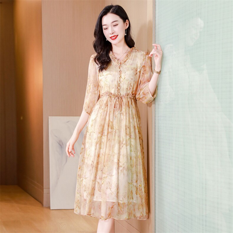 真丝连衣裙2025夏季新款大码女装衣服桑蚕丝高端精致气质碎花裙子，女装连衣裙，阿舍尔精品