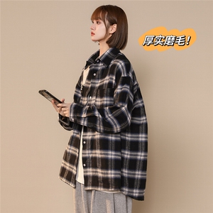 中性风  秋冬厚实磨毛长袖格子翻领个性格子衬衫 CY05 P45控58图片