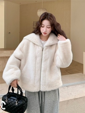 白色小香风仿水貂绒皮毛一体外套女冬季环保皮草小个子流行，女装羊羔毛/颗粒绒，欣美人