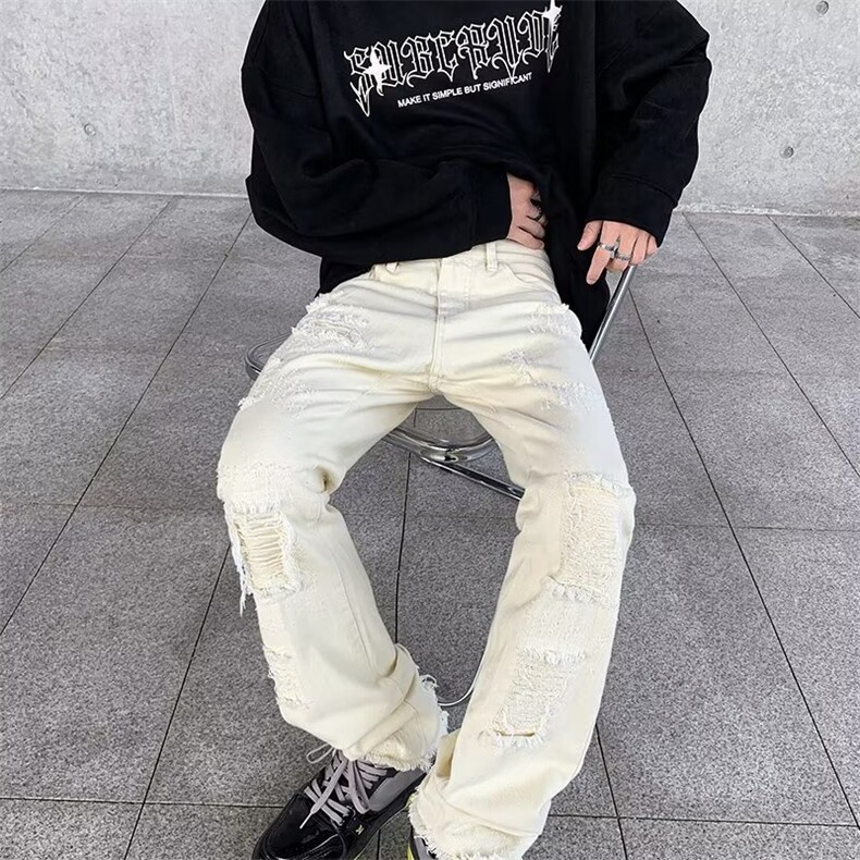 欧美vibe风直筒显瘦毛边破洞牛仔裤男ins潮牌高街黑色微喇叭长裤,男装牛仔裤,星座410-7