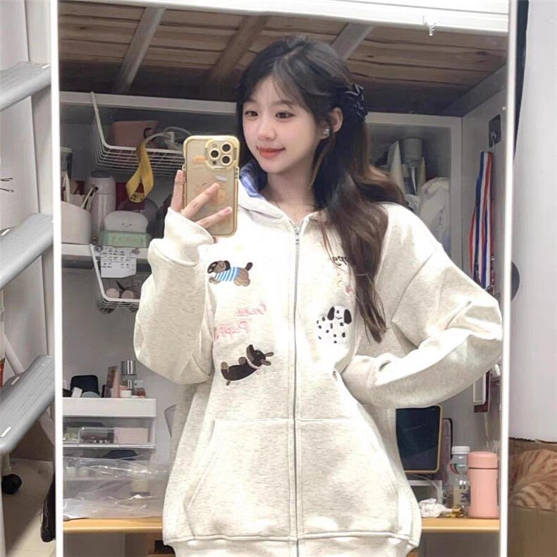 5653-P56原版做工刺绣纯棉华棉复合休闲宽松连帽卫衣外套加绒,女装短外套,星座617A-2