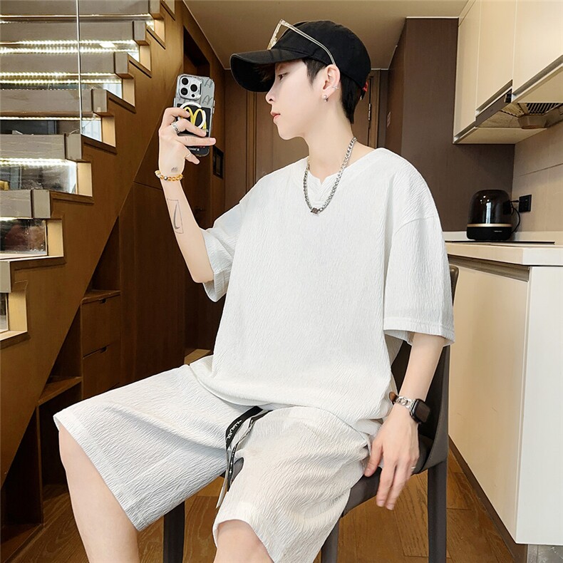 光版二开冰丝休闲运动套装男褶皱V领一套夏季A266-LHZTZ005-P42图片