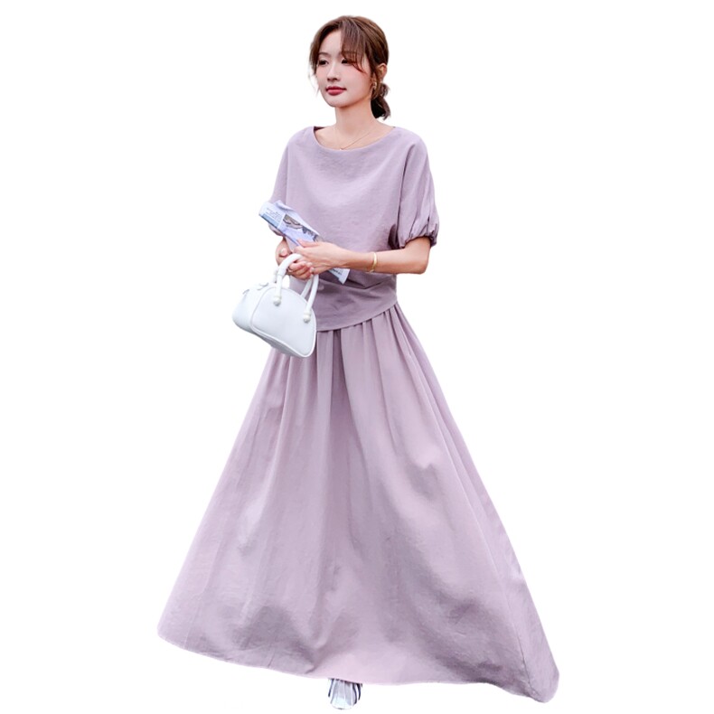 高级感泡泡袖紫色套装裙女2025夏季新款韩系显瘦上衣半身裙两件套,女装套装/套裙,2C168