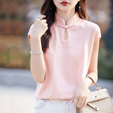 精纺羊毛针织短袖T恤女复古新中式立领针织上衣宽松半袖打底衫薄，女装背心吊带，暖烁特种纱工厂店