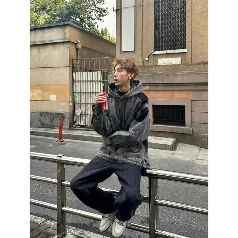 【有货】拼接牛仔卫衣男款春秋高级感痞帅水洗夹克JK8622HH-特P75图片