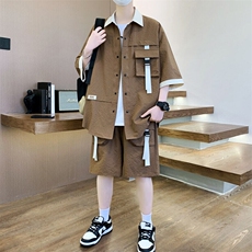 夏季新款套装男青少年休闲时尚潮流百搭衬衫短袖短裤两件套，男装牛仔裤，星座1206（原A206）