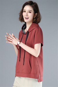 2021年夏季韩版短袖宽松纯色连帽抽绳口袋百搭卫衣图片