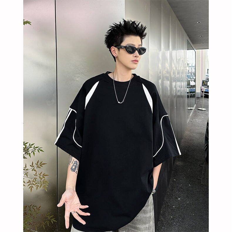 8XL-M 美式小众高级感拼接短袖T恤男夏简约百搭宽松纯棉上衣DX336图片