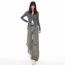 美式复古多口袋工装裤女2025夏季新款直筒微喇拖地裤YD9041-P75，男装工装外套，星座509