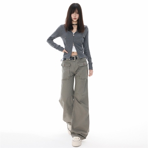 美式复古多口袋工装裤女2025夏季新款直筒微喇拖地裤YD9041-P75图片