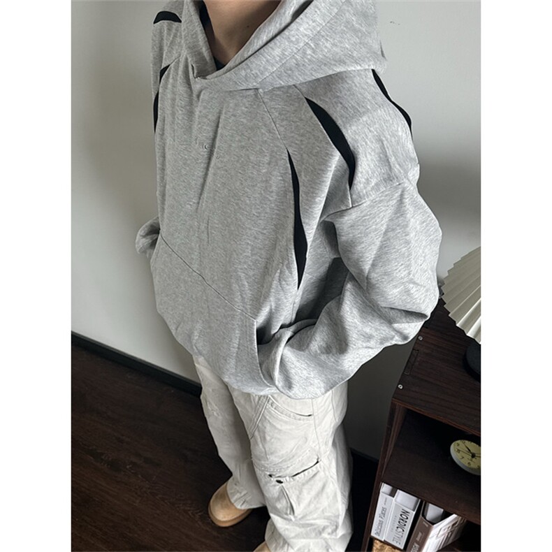 美式复古灰黑拼接字母款连帽卫衣男女宽松套头上衣WTK61,男装卫衣,星座1116A（原606A-3）