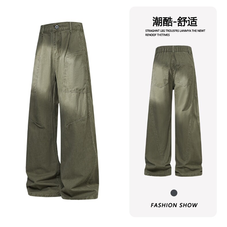 B221 美式ins高街斜切宽松直筒洗褪工装牛仔裤 LK25610-特P48控88图片
