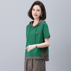 卫衣女2023夏季新款中老年妈妈大码洋气短袖格子休闲裤图片