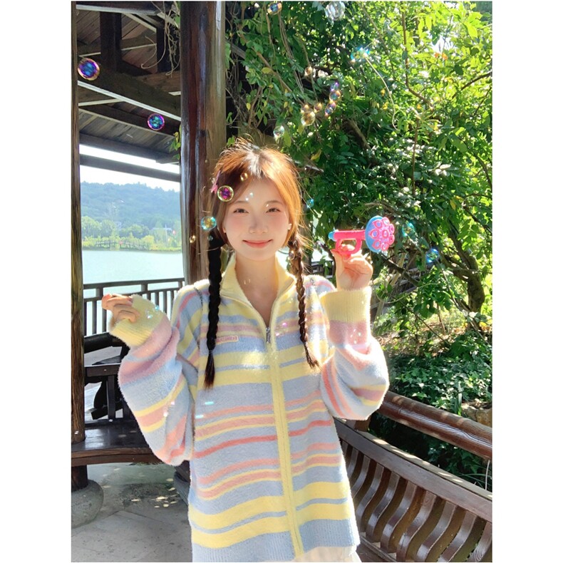 奶fufu彩虹撞色条纹高领毛衣女春秋季2025新款慵懒风针织开衫外套,男装针织衫/毛衣,星座506A