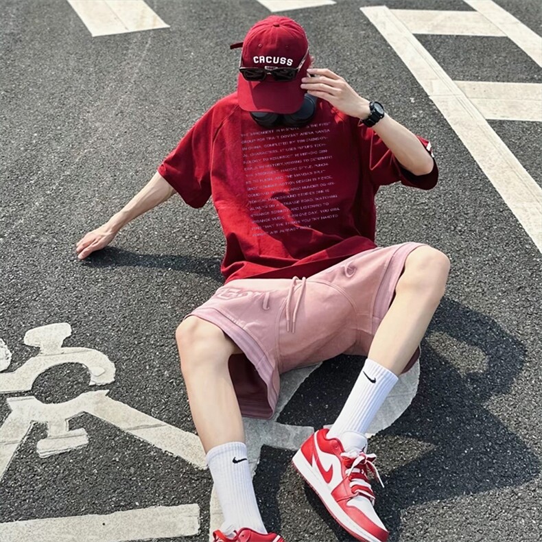 抖音得物高品质二开240克宽松纯棉美式潮牌三条杠织带短袖T恤,男装T恤,电商A486