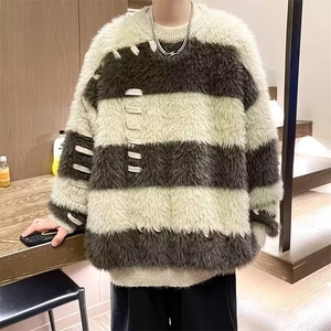 576-P52 美式复古仿貂毛圆领毛衣男秋冬季小众图片