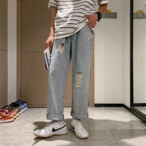 破洞牛仔裤夏薄款裤子高街ins潮牌vibe风格阔腿九分裤 K1196-P38图片
