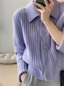 秋冬POLO领100%纯羊毛开衫女坑条加厚毛衣外套宽松慵懒羊绒衫上衣图片