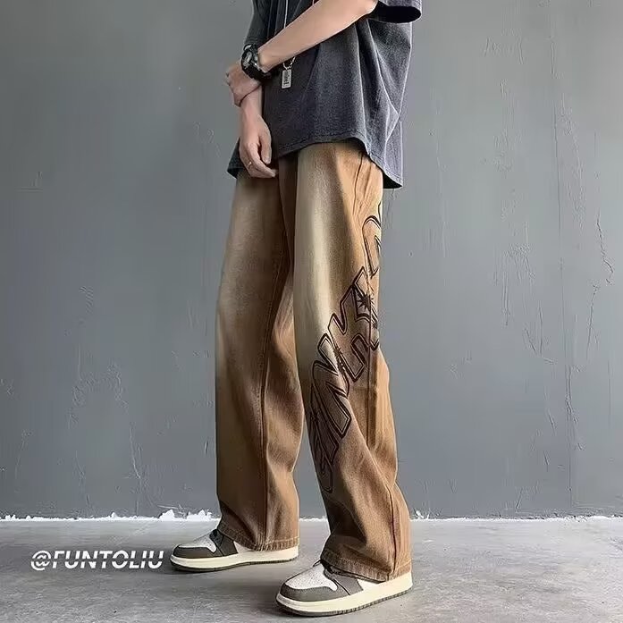 LE6601-P41抽绳字母渐变棕色毛边牛仔裤女高腰,男装牛仔裤,电商B323A