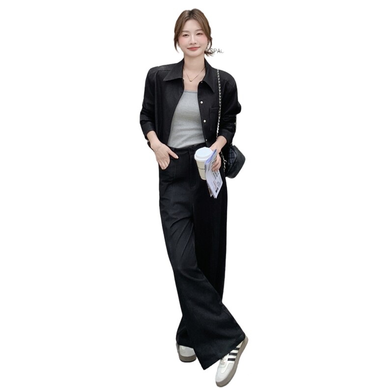 黑色复古高级感通勤套装女2025年春秋季新款显瘦上衣阔腿裤两件套,女装套装/套裙,2C088