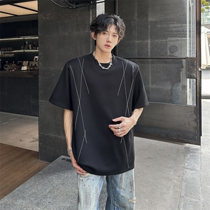 现货 垫肩设计缉明线百搭休闲潮男T恤  A071-T66-P40图片
