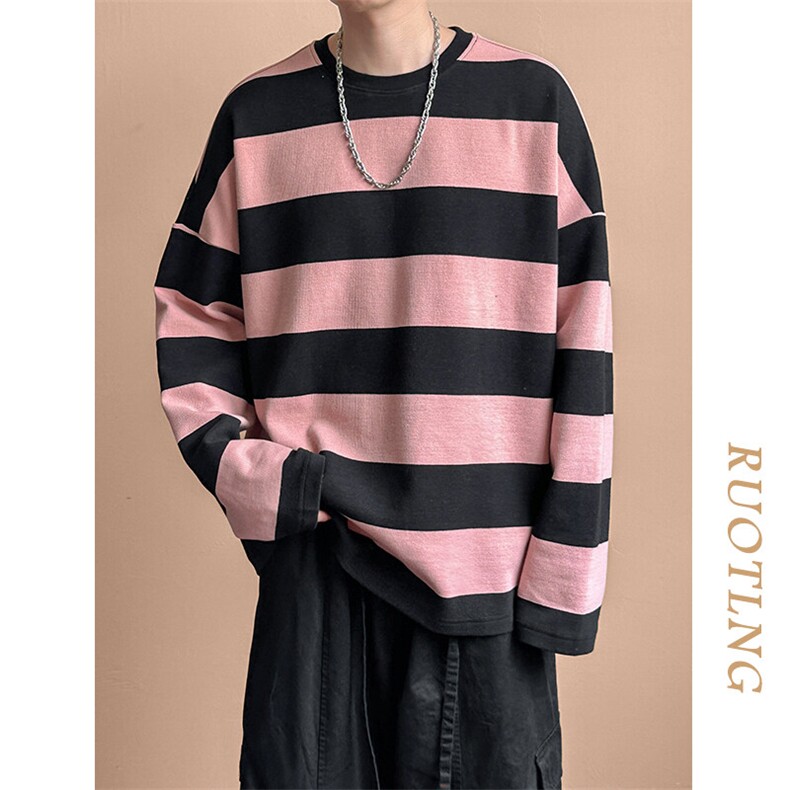 春秋现货高品质潮牌卫衣98.4%棉粉色条纹上衣宽松A351-AW2514-P75图片