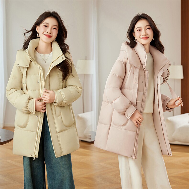 黄色连帽羽绒服女中长款2024冬季新款宽松休闲超好看白鸭绒厚外套,女装羽绒服,自然秀