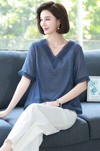 夏季棉麻女上衣妈妈苎麻小衫2025年新款休闲宽松薄款减龄亚麻衬衫图片