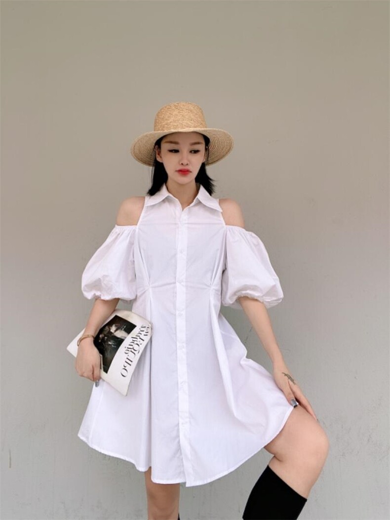 韩版漏肩泡泡袖连衣裙，女装连衣裙，玩美