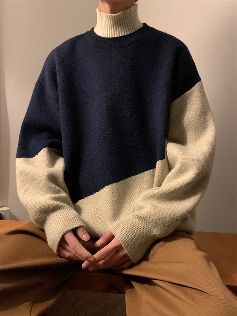男士针织毛衣拼色假两件高领毛衣男A367M87P65控88,男装针织衫/毛衣,电商A367