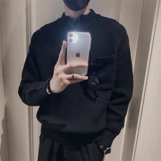 MY38/特P95控135冬季日系亨利领半纽扣针织衫套头口袋毛衣男黑首1，男装针织衫/毛衣，星座305B