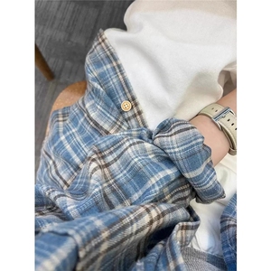 复古磨毛格子衬衫男长袖外套春秋款蓝色高级感内搭衬衣服 CS006图片