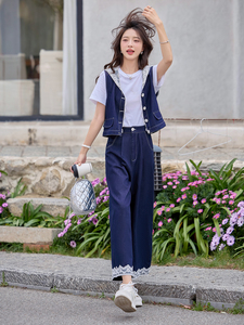 洋气百搭牛仔连帽拼接蕾丝阔腿裤套装女夏季新款三件套装裤图片