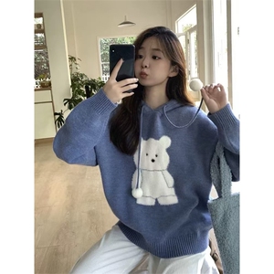 MM132-P68 小熊宽松连帽柔软毛衣女秋冬卫衣设计感针织上衣图片