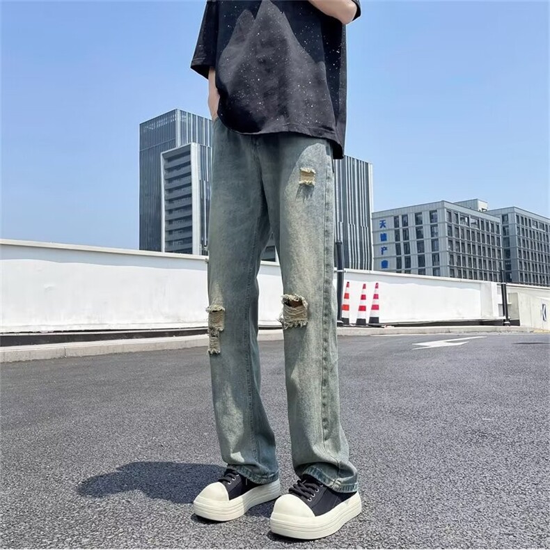 高街夏季水洗做旧破洞牛仔裤男ins宽松直筒裤NG37,男装牛仔裤,星座1116A-1（原606A）