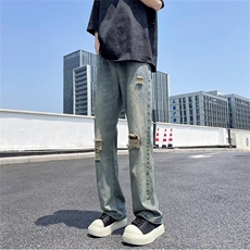 高街夏季水洗做旧破洞牛仔裤男ins宽松直筒裤NG37，男装牛仔裤，星座1116A-1（原606A）