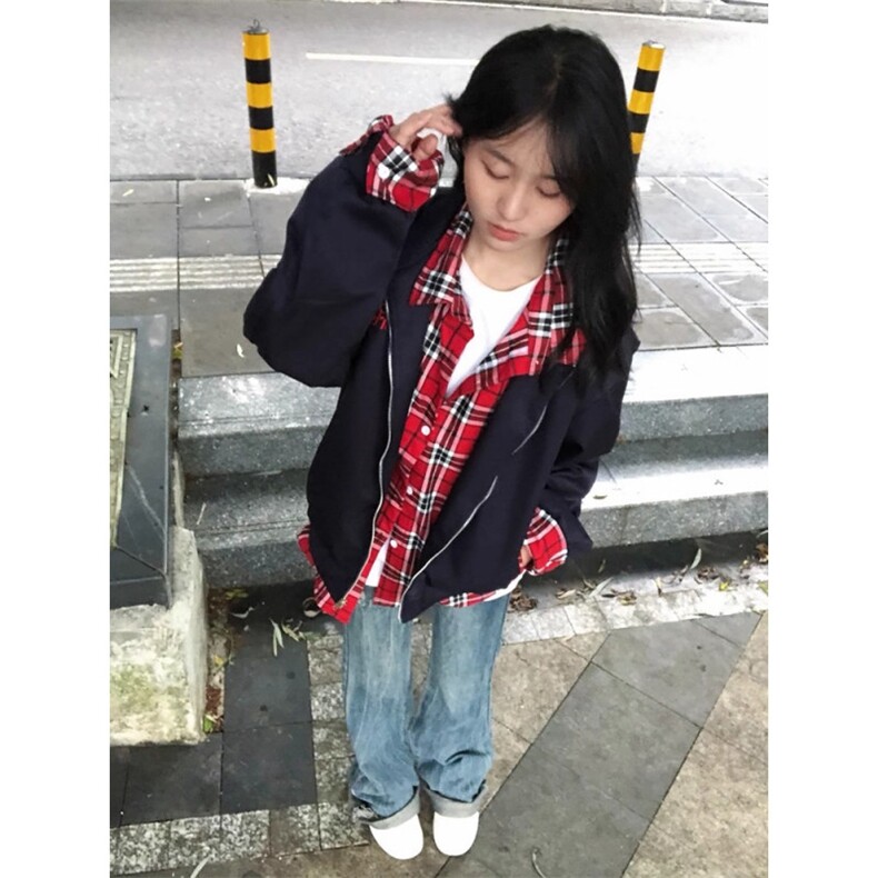 网络图现货美式小众格子拼接假两件飞行员夹克棒球服JJK8561-P70,男装夹克,星座715-7