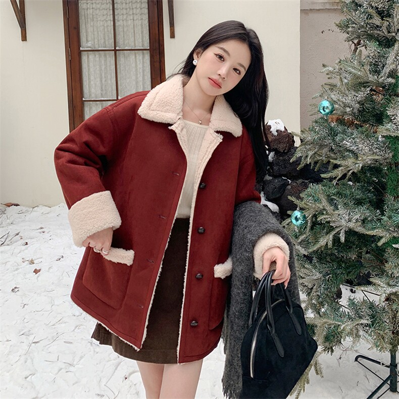 红色皮毛一体羊羔毛外套女2025秋冬新款小个子加绒加厚保暖棉服潮,女装毛呢外套,2C213