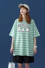 中性夏季条纹撞色印花卡通图案圆领情侣短袖T恤T864P35控48，女装T恤，A247A