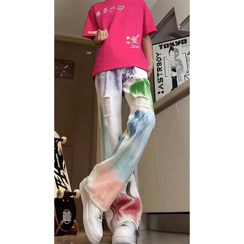 美式ins高街hiphop破洞多巴胺彩色涂鸦牛仔货号K2306P55,男装牛仔裤,电商A063