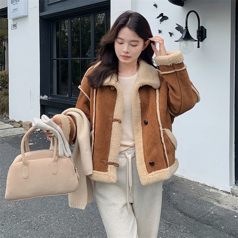 【新款现货】皮毛一体女冬季保暖麂皮短款外套99037款P195K278,女装短外套,2C316