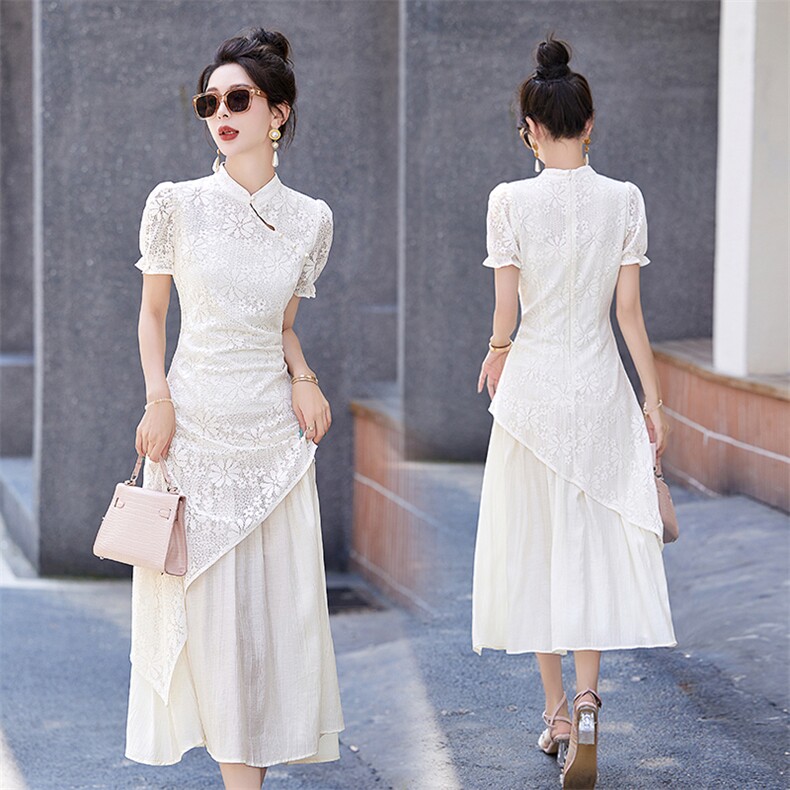 新中式改良旗袍连衣裙女2024新款夏季复古盘扣修身假两件蕾丝长裙，女装连衣裙，曼琳思菲