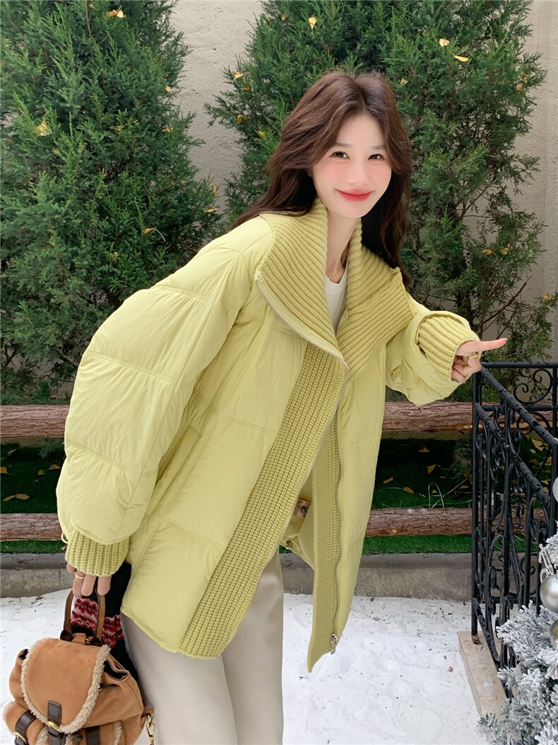 现货2025冬季新款25119-P295-K448绿色针织拼接50羽绒服,女装羽绒服,浙宝128（原290）